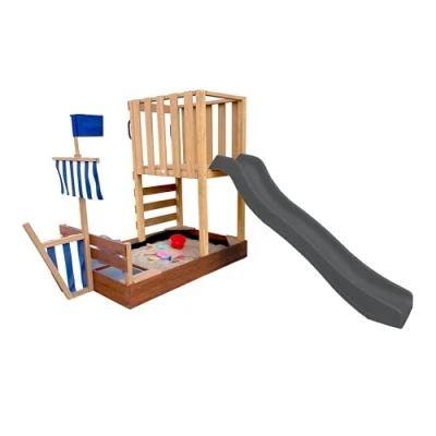 Afbeelding van AXI Vicky Speeltoren Vikingboot Bruin Met Zandbak en Speelkeuken Grijze Glijbaan Krijtbord FSC hout vlag zeilen Speeltoestel voor kinderen