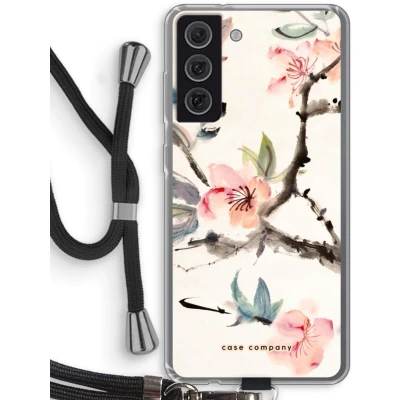 Afbeelding van Case Company® hoesje met Koord geschikt voor Samsung Galaxy S21 FE Japanse bloemen Telefoonhoesje Zwart Bescherming aan alle Kanten en Over de Schermrand