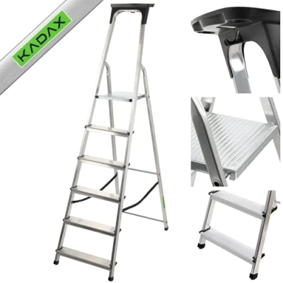Afbeelding van KADAX Aluminium ladder Belastbaar tot 125 kg Vouwladder voor senioren, veiligheidsladder, met legplank (6 niveaus)