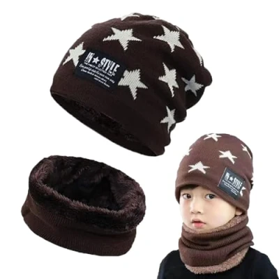 Afbeelding van Gxlaihly wintermuts voor kinderen, set van hoed en nekwarmer, elastische muts, jongens meisjes (voor 15 jaar), Bruin