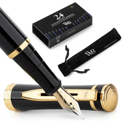 Afbeelding van Wordsworth &amp; Black Vulpenset, 18 karaat gouden extra fijne punt, inclusief 24 inktpatronen, inktvulconverter en geschenkzakje, afwerking, kalligrafie, [goud