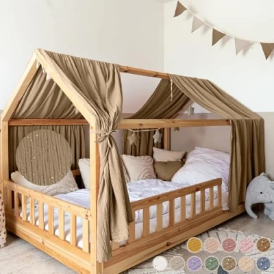 Afbeelding van lilimaus Bedhemel, 100% katoenen mousseline, handgemaakt, decoratieve bedhemel voor meisjes en jongensbed, kinderen, gordijn kinderbed, donkerbeige
