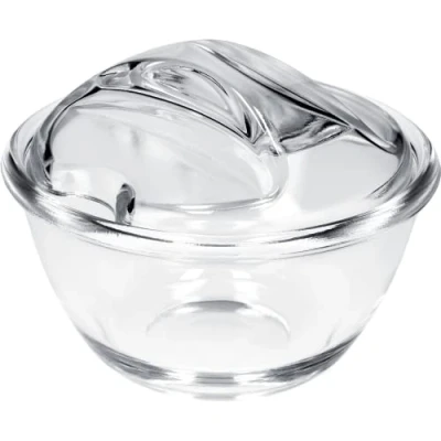 Afbeelding van KADAX Suikerpot van glas met ergonomisch deksel, transparante kruidenpot voor suiker, versterkte bodem, suikerkom handvat (12 cm, rond) K3916