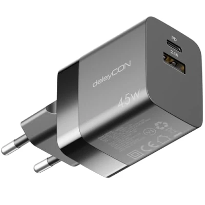 Afbeelding van deleyCON USB A en C oplader (2 poorten compacte 45W snellader) voeding voor iPhone 15/14/13 Galaxy S24/S23 pixels, mobiele telefoon, iPad, tablet, MacBook, computer