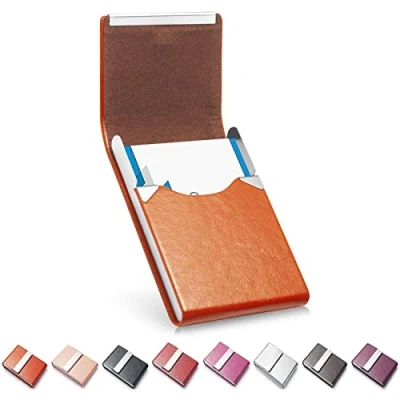 Afbeelding van visitekaartjeshouder van luxe microvezel leer voor visitekaartjes, metalen vak dames en heren, met magneetsluiting (oranje), Cxpsk oranje