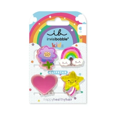 Afbeelding van invisibobble Clipstar Kids Happy World 4 stuks haarspelden voor kinderen, regenboog, ster, hart en bloem, antislip haarclips gezond haar, perfect