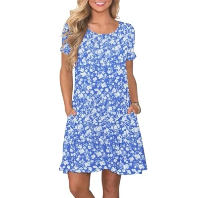 Afbeelding van AUSELILY Zomerjurk met A lijn voor dames, casual T shirtjurk korte mouwen en zakken dames