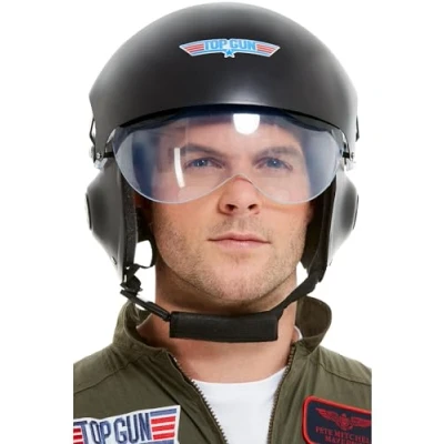 Afbeelding van Smiffys Top Gun Luxe helm, zwart met verstelbaar vizier en kinbescherming, officieel gelicentieerd product van Gun, kostuum voor volwassenen