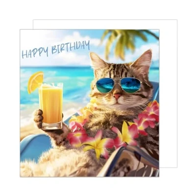 Afbeelding van Edition Seidel GQ297 SW024 Hoogwaardige vierkante verjaardagskaart met envelop voor dames, heren, strand, coole kat en humor