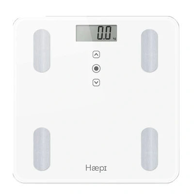 Afbeelding van Haepi Body Analyzer Volledige lichaamsanalyse: BMI, Kcal, gewicht, vetmassa, botmassa, vochtgehalte, spiermassa Modern en elegant design Maximale capaciteit van 180 kg 15 jaar garantie Inclusief batterijen Wit