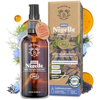 Afbeelding van Bionoble Biologische zwarte komijnolie 100 ml glazen fles + pipet pomp 100% zuiver en koudgeperst huid, haar nagels Organic Black Seed Oil Nigella Sativa plantaardige olie