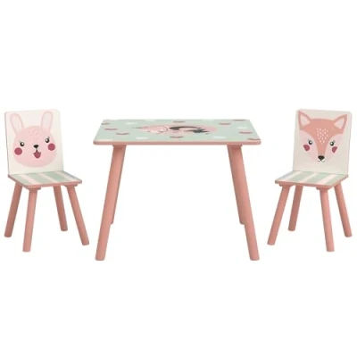 Afbeelding van ZONEKIZ Tafel en stoelen voor kinderen, Kindertafel met 2 stoelen, Dierenmotief slaapkamer, speelkamer, massief houten poten, roze