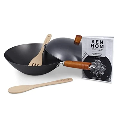 Afbeelding van Ken Hom KH331051 wok uit koolstofstaal, 31 cm, klassiek, set van 5 stuks/wok met stalen deksel, niet vaatwasmachinebestendig