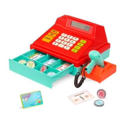 Afbeelding van Battat Toy Cash Register for Kids, Peuters Red Calculating with scanner Pretend Play 3 jaar + met