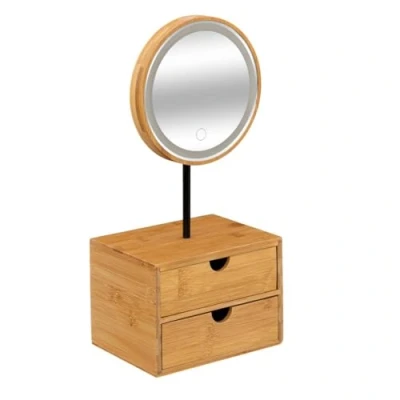 Afbeelding van Make up organizer/opberger met spiegel en verlichting bamboe 45 x 15 20 cm ladekastje