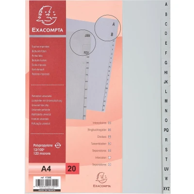 Afbeelding van Exacompta tabbladen voor ft A4, uit PP, van A tot Z, 20 tabs, grijs