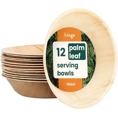 Afbeelding van HAAGO 12 Grote Palmblad Schalen (700ml, rond) Biologisch Afbreekbare Kommen Milieuvriendelijk Picknick &amp; Buitenservies Magnetronbestendig