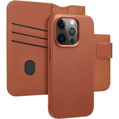 Afbeelding van Accezz Hoesje Geschikt voor iPhone 15 Pro Met Pasjeshouder Leather Bookcase 2 in 1 MagSafe bruin