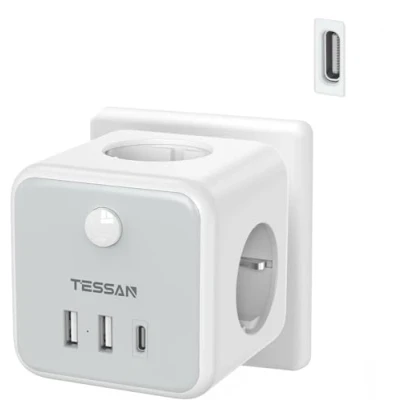 Afbeelding van TESSAN Enchufe 2 poorten USB C, 6 in 1 Cubo Cargador Ladron Enchufes Triple con Type meervoudige wandcontactdoos met Schakelaar, C beschermhoes compatibel telefoon, pad, Hogar Oficina