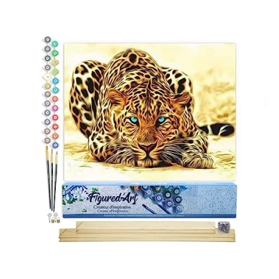 Afbeelding van Figured&#039;Art Schilderen op Nummer Volwassenen canvas Panter met blauwe ogen Handwerk acrylverf Kit DIY Compleet 40x50cm houten lijst