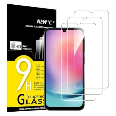 Afbeelding van NEW&#039;C Displaybeschermfolie van gehard glas voor Samsung Galaxy A24 4G, zonder luchtbellen, extreem robuust (0,33 mm HD ultra transparant), hardheid 9H glas, 3 stuks
