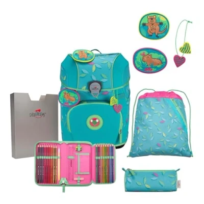 Afbeelding van DerDieDas Schooltas ErgoFlex Tiny Exklusiv Superflash Schulranzenset 5 delig Paradise Turquoise