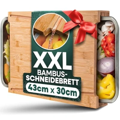 Afbeelding van Loco Bird massief bamboe snijplank met opvangbakjes, 43 x 30 7 cm, ideale keukenhulp gadget set voor de keuken, keukenplank van 2 schalen roestvrij staal, hout