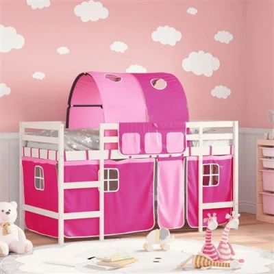 Afbeelding van vidaXL Kinderhoogslaper met tunnel 90x200 cm massief grenenhout roze