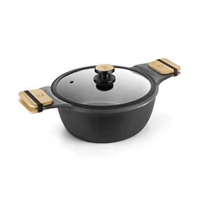 Afbeelding van BRA Market Kookpan, hoog, 28 cm, van gegoten aluminium, anti aanbaklaag, zeer versterkt, zonder PFOA, geschikt voor alle warmtebronnen en inductie, zwart