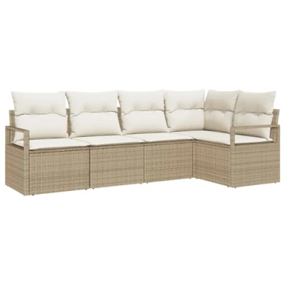 Afbeelding van vidaXL 5 delige tuinsofa set met kussens beige poly rattan, 2 zits opslag &amp; rattan