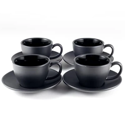 Afbeelding van Cappuccino kopjes 4 delige set (180 ml) van aardewerk hoogwaardige en dikwandige koffiekopjes met schoteltjes (zwart)