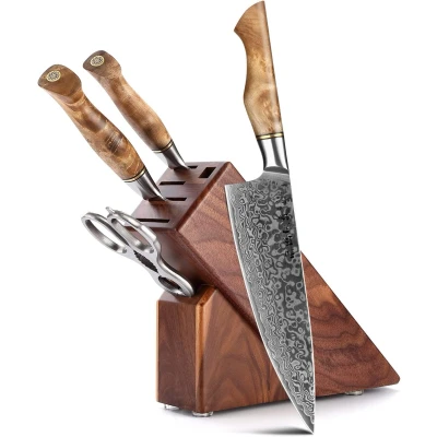 Afbeelding van Luxe en Professionele 5 delige Keukenmessen set van Damascus Staal (67 lagen, VG10) HEZHEN B30 Series Vlijmscherpe Stalen Lemmeten Handvat Plataanhout met Klinknagel Mozaïek Koksmes + Santokumes Groentemes Blok Keukenschaar