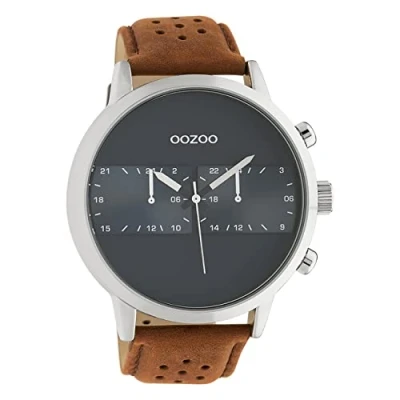 Afbeelding van Oozoo Herenhorloge Racing Style met lederen band 48 mm, C10673 blauw/bruin, extra groß, Riem