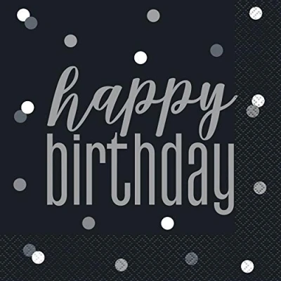 Afbeelding van Servetten Zwart Zilver Glitz Happy Birthday 33x33cm 16 stuks