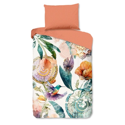 Afbeelding van Cheqo® Luxe Satijnen Dekbedovertrek 140x200 cm Mandala&#039;s en Bloemen Print met Kolibrie Multi 1 Persoons 100% Katoen Satijn