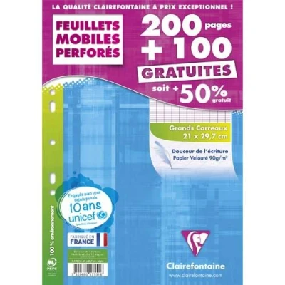 Image de Feuillets mobiles Clairefontaine grands carreaux perforés A4