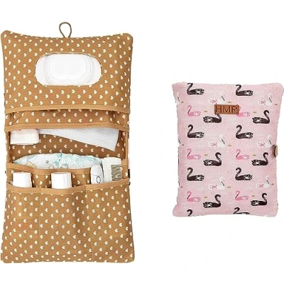 Afbeelding van luiertas met aankleedonderlegger, organizer en make uptas, 2 in 1, kleine voor onderweg, mama, luiers, crème, doekjes, babyorganizer (zwan)