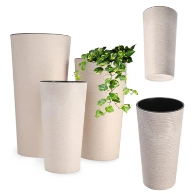 Afbeelding van KADAX Set van 3 bloempotten met houtsnippers, uitneembaar inzetstuk, bescherming voor kantoor, bloempot de tuin (19, 25, 30 cm, crème)