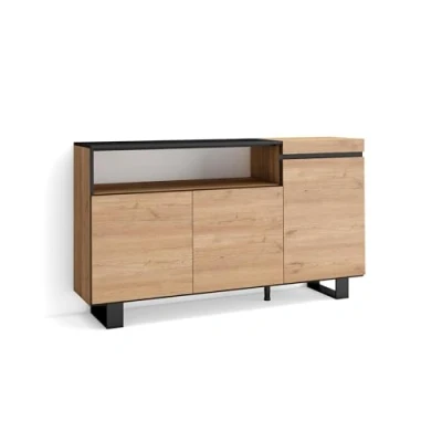 Afbeelding van Skraut Home Dressoirs voor de woonkamer, grote opbergruimte, 150 x 87 35 cm, 3 deuren, industrieel design, moderne stijl, eiken en zwart
