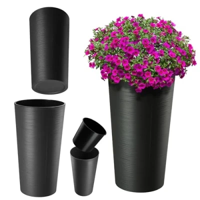 Afbeelding van KADAX Bloempot met houtsnippers, elegante pot uitneembaar inzetstuk, bloempotbescherming voor kantoor, diameter 25,5 cm, crème