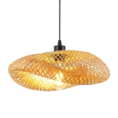 Afbeelding van Schindora Retro plafondlamp, hoed van bamboe, rotan, 40 cm, weefsel, badkamer, E27, creativiteit, plafondverlichting voor eetkamer, woonkamer, restaurant, licht stro