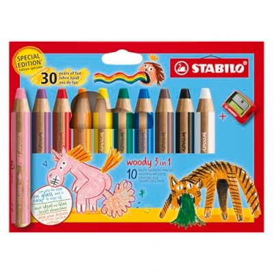 Image de STABILO Woody Lot de 10 crayons multi talents 3 en 1 édition anniversaire Couleurs assorties avec taille crayon