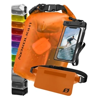 Afbeelding van waterdichte Dry Bag met waterdicht telefoonzakje en heuptas (5 l, oranje) IPX8 rugzak rolsluiting Zwemmen, varen, strand, suppen