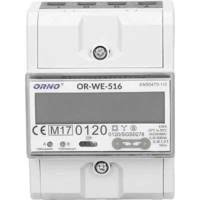 Afbeelding van ORNO WE 516 3 fase meertarief energiemeter met RS 485, 80A stroomvoorziening: 3x230V/400 AC, 50 60Hz, huidig: 5(80)A, pulse frequency: 1000 imp/kWh, signalering lezen: knipperend LCD, installatie rail: DIN TH 35mm MID Certificaat