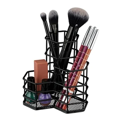 Afbeelding van Relaxdays make up kwastenhouder 3 vakken pennenbakje metaal pennenhouder cosmetica zwart