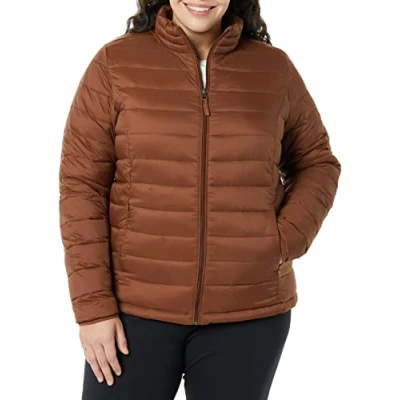 Image de Amazon Essentials Veste matelassée légère à manches longues, imperméable et pliable (disponible en grande taille) pour femme, marron caramel foncé (taille L)