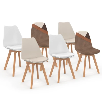 Afbeelding van Lot de 6 chaises scandinaves SARA beige, blanc et patchworks marron beige
