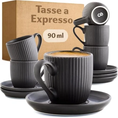 Afbeelding van Cosumy Espressomok met handvat, 6 kopjes 90 ml schoteltjes, uniek strepenpatroon, matzwart keramiek, vaatwasmachinebestendig