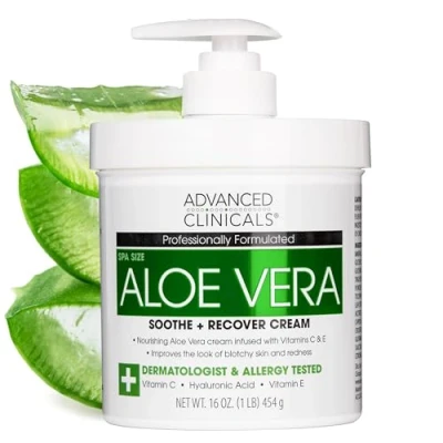 Afbeelding van Advanced Clinicals, Aloë Vera, Soothe + Recover Cream, 16 oz (454 g) droge, beschadigde huid te kalmeren en verzachten vitamine C, hyaluronzuur, E Vera crème met C