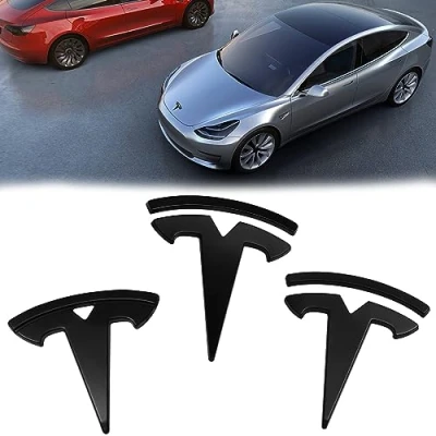 Afbeelding van Set van 3 Tesla embleem logo: model auto merkteken voorkant kentekenplaat kofferbak stuurwiel logo sticker zwart mat accessoires compatibel met